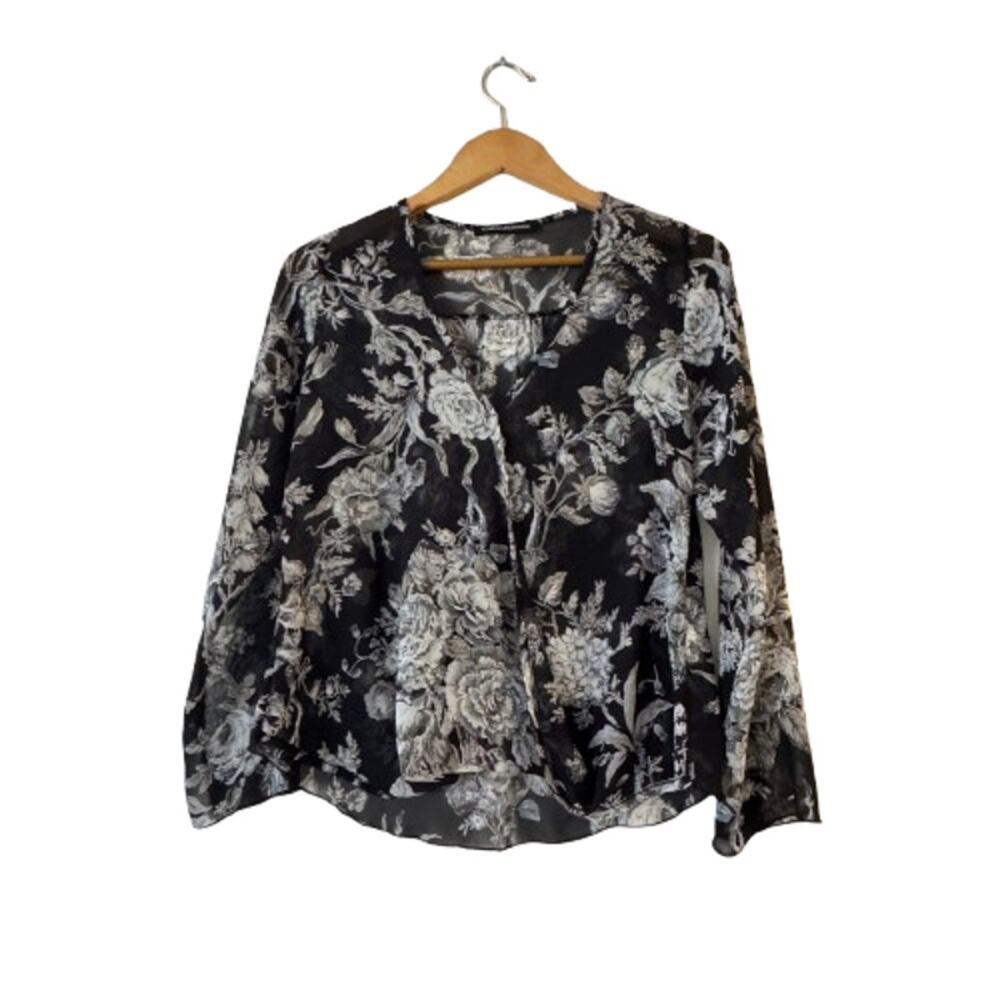 Foreign Exchange Surplice Wrap Hi Low Blouse S Black Floral Sheer Long Sleeve